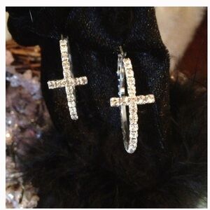 Crystal hoop earrings with cross, 1.5 inches